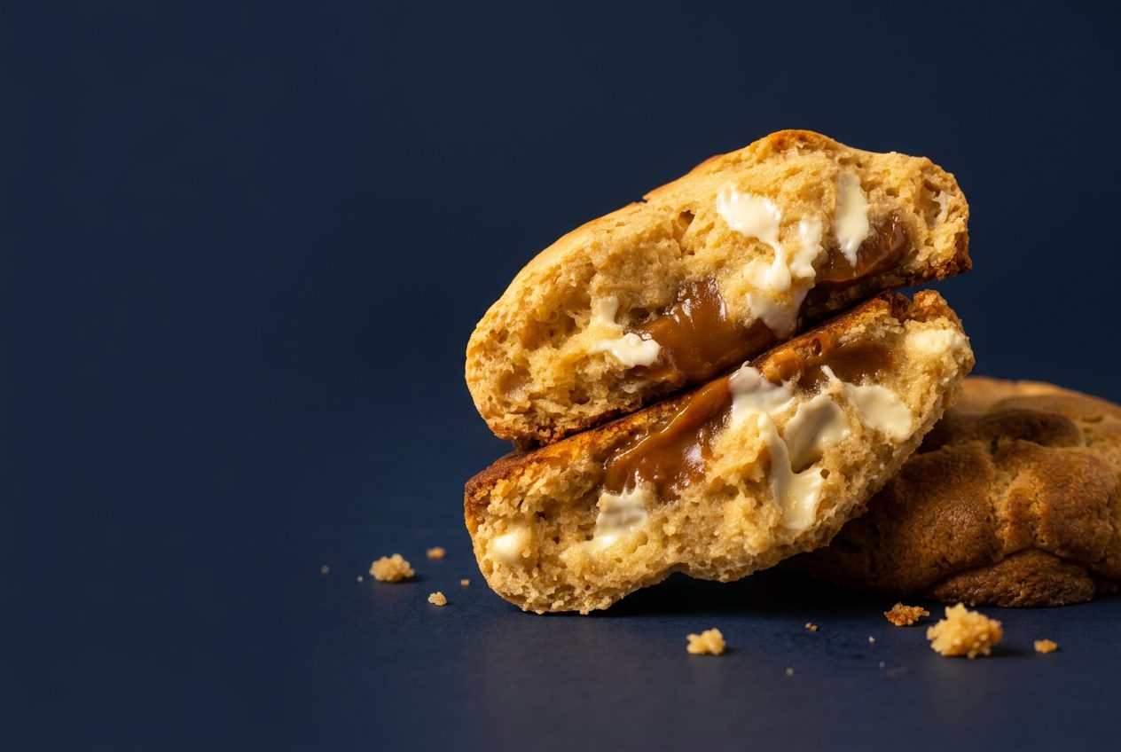 Oliveira’s Dulce de Leche cookie with gooey caramel and white chocolate centers